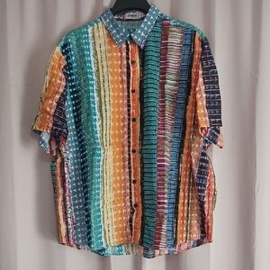 Vatpave Colorful Striped Casual Lightweight Button Front Short Sleeve Top XXL